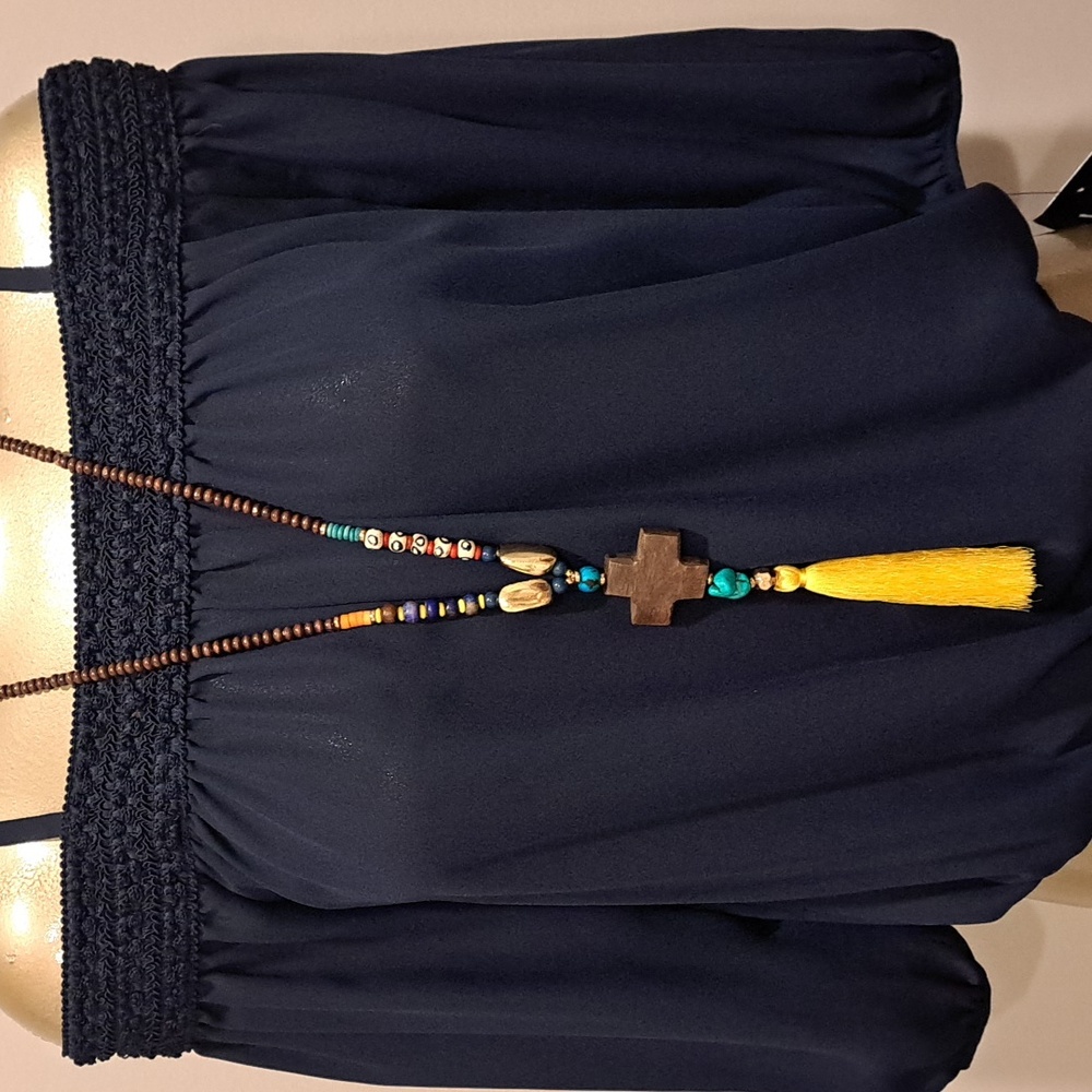 Long Beaded Cross Necklace With Yellow Tassel